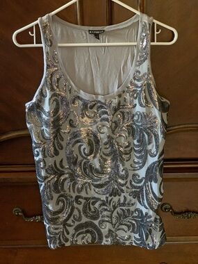 Express Silver Sequin Swirl Scoop Neck Tank Top